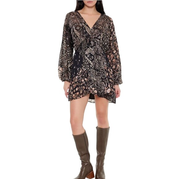 NEW Metallic Paisley‎ Plunging V-Neck Mini Dress, Black Multi, M, Bohemian Style - Picture 9 of 15